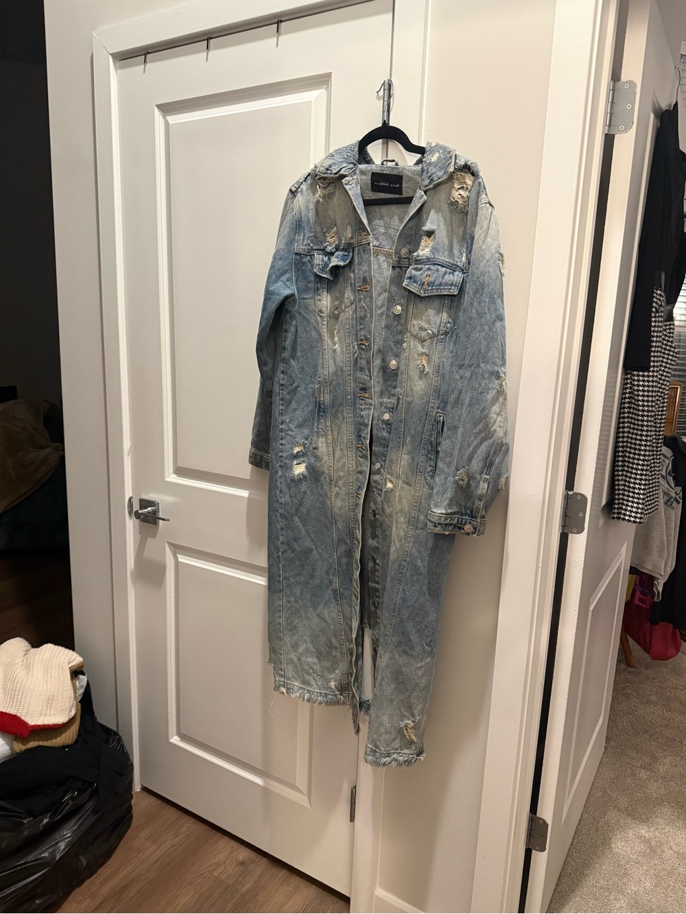 Long Distressed Light Blue Denim Coat
